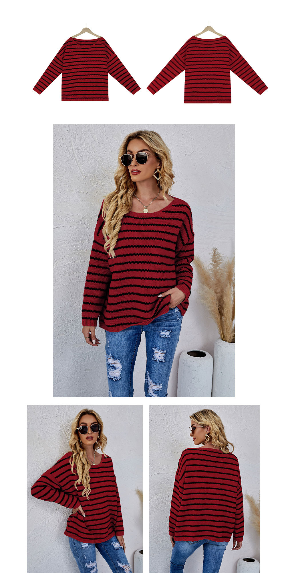 striped print pullover loose color matching round neck sweater NSWJY137593