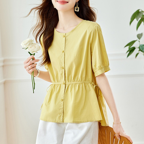 Manufacturer direct sale pure cotton round neck short-sleeved shirt for women in summer new loose and versatile slim-breasted shirt