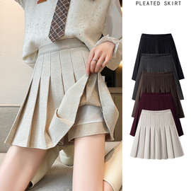 杏色百褶裙女高腰显瘦春秋2025新款冬季毛呢半身裙jk短裙a字裙子