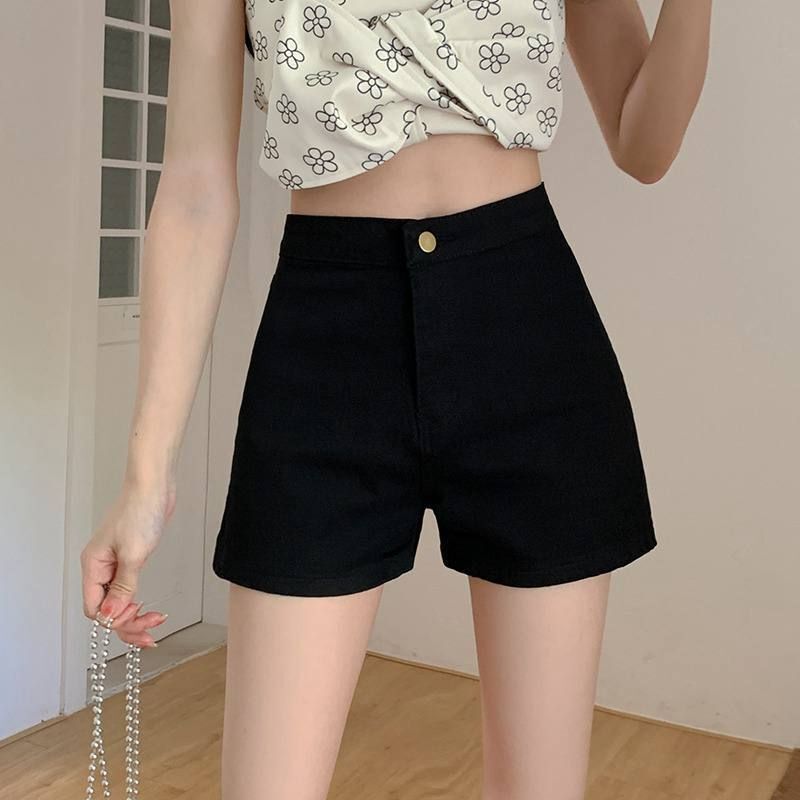 Black Stretchy Slim-Fit High-Waisted Versatile Denim Shorts for Women, Sexy Hot Girl Style, Bodycon Straight-Leg Tight Hot Pants