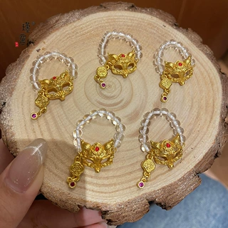 瑾言金店同款沙金灵狐狸的面具白水晶戒指女款2025新款中式古国风