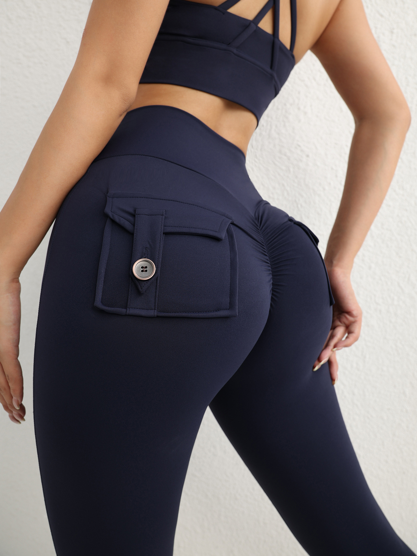 Botones ajustados desnudos de herramientas de cintura alta, pantalones de bolsillo, pantalones deportivos, pantalones de fitness