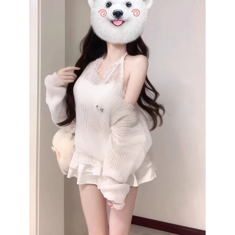 (2개) 세트 여성의 가을 뜨거운 소녀 어깨 긴 소매 니트 탑 레이스 서스펜더 높은 허리 스커트