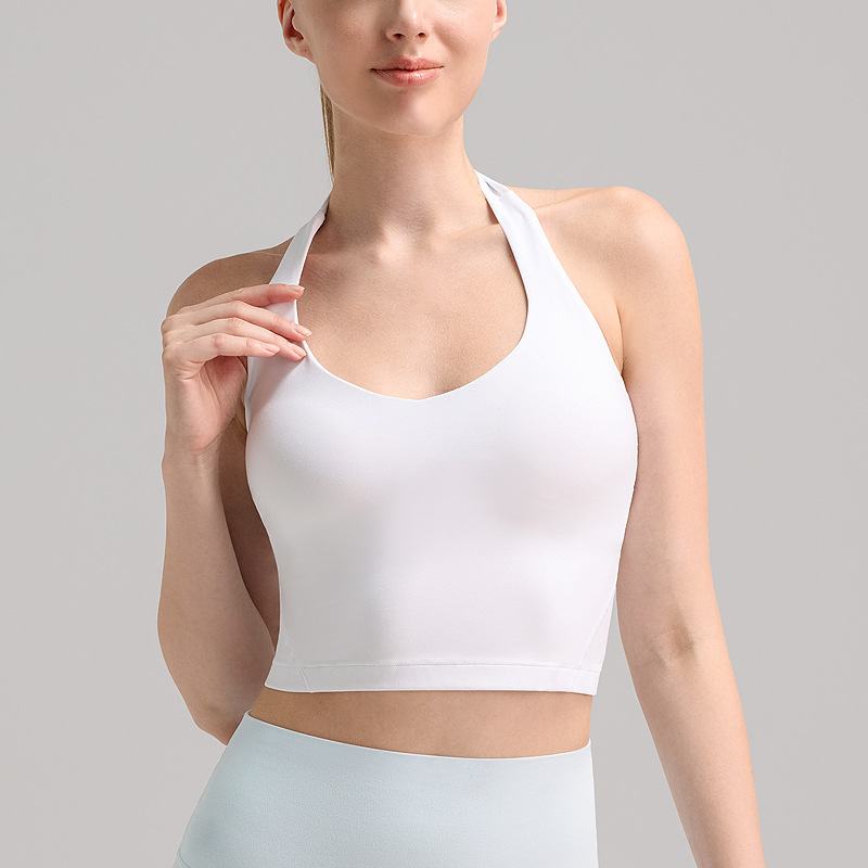 Sujetador deportivo halter de tela cepillada con tacto suave para mujer, diseño sexy en la espalda, sujetador de yoga adelgazante, estilo Lulu con almohadillas en el pecho, top de fitness.