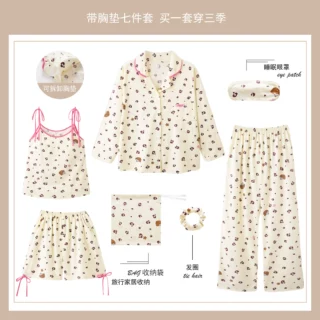 小单定制睡衣女春秋夏季自带胸垫七件套卡通甜美可爱学生家居服