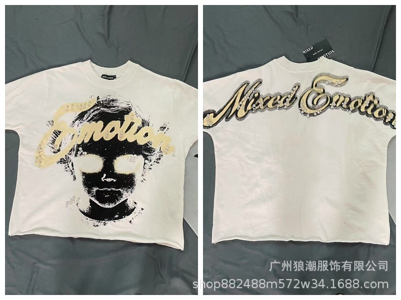 MIXED EMOTION レトロホットダイヤモンドプリントロゴ美しいトレンディなラウンドネックルーズカジュアル半袖Tシャツ男性と女性用|undefined
