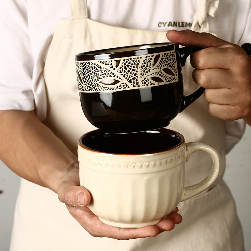 Taza de cerámica vintage de estilo europeo taza de café taza de desayuno taza de avena creativa pintada a mano taza de hoja