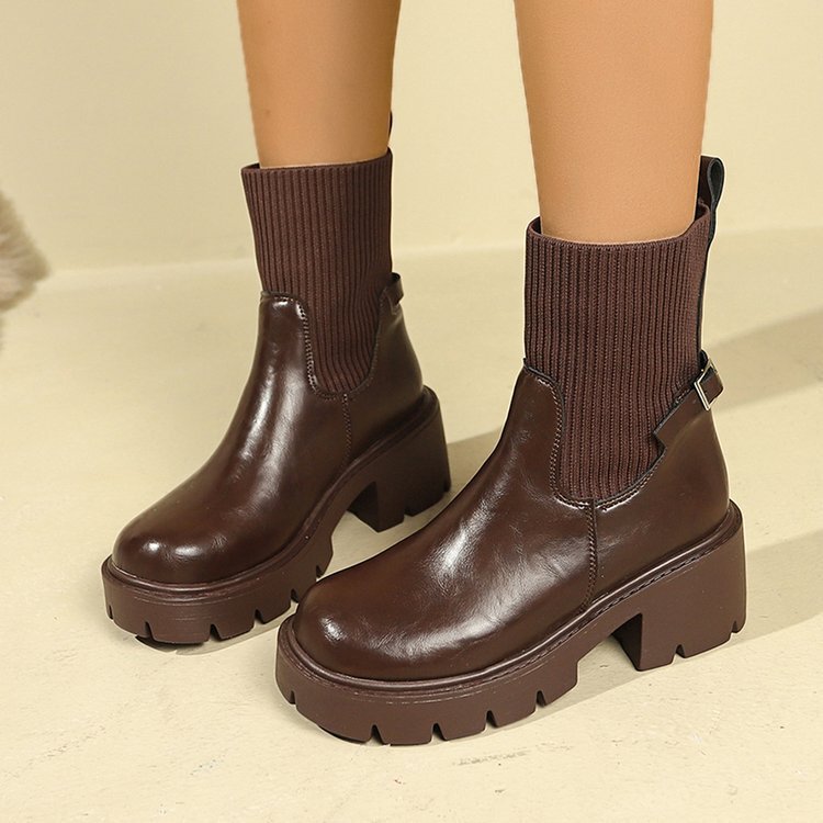 Single Boots Thick-Soled Chelsea Short Boots for Women 2025 New Spring & Fall Slim Boots British Style Brown Boots Socks Boots
