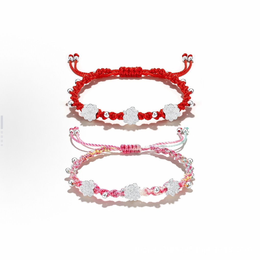 Pure Silver 999 Three Lotus National Style Good Luck Lotus Colorful Braided Bracelet Butterfly Silver Ornaments Versatile Girls' Accessories