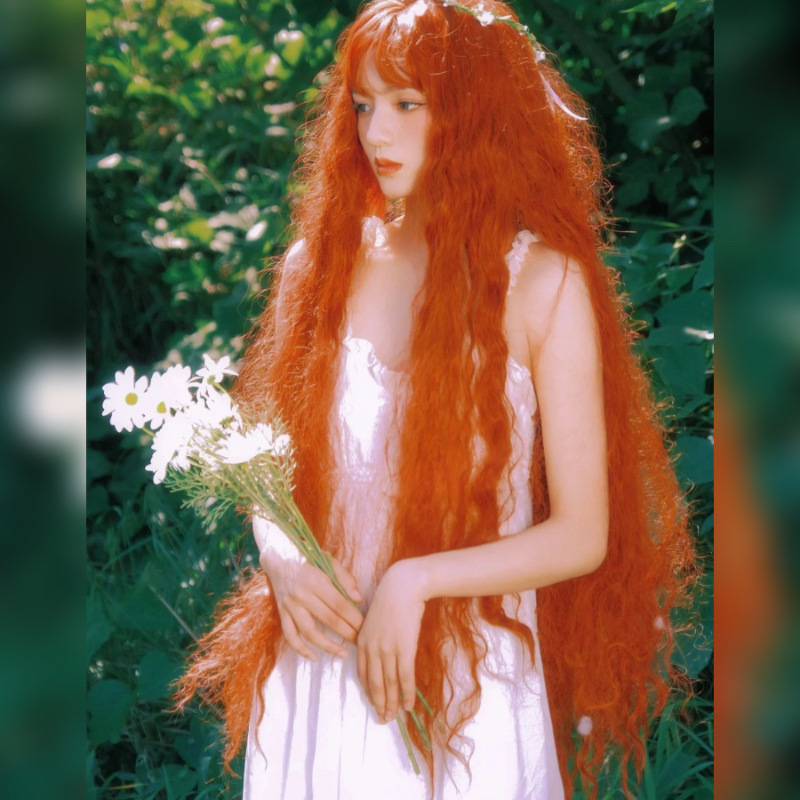 Cheng Ming Wig Women's Orange Red 1-meter Long Hair Lolita Corn Wool Curled Forest Series Photo Long Curled Hair Full Head Set