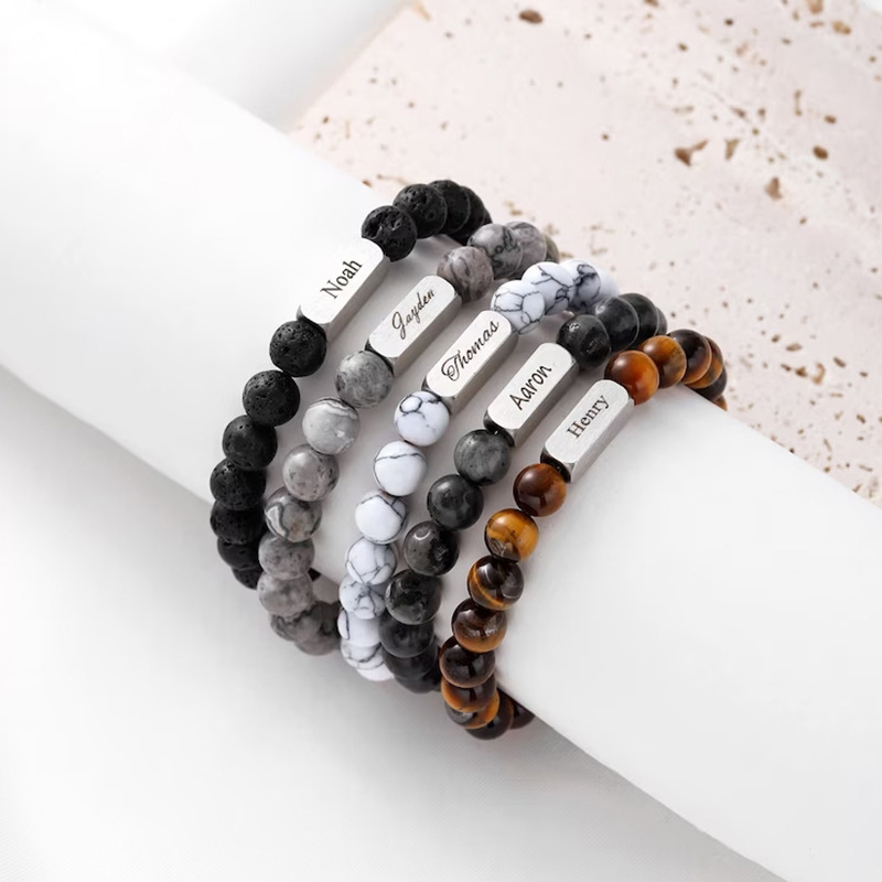 Stainless Steel Engraved Bracelet Map Stone Volcanic Stone Beaded Custom Name Bracelet DIY Personalized Couple Bracelet