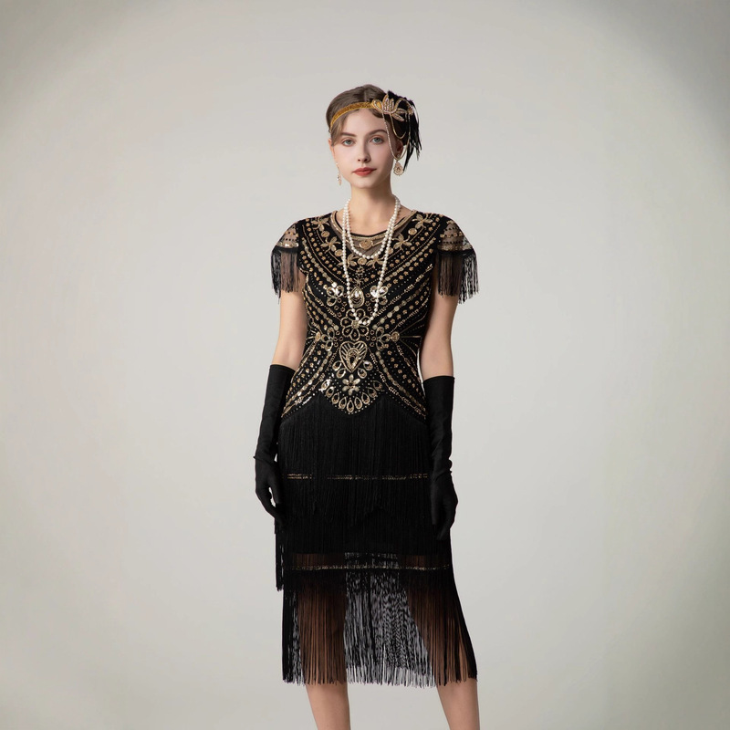 Sequin Short-Sleeved Dress 1920 European and American Retro Gatsby Prom Party Tassel Dress Amazon Cross-Border Sequin Short-Sleeved Dress 1920 European and American Retro Gatsby Prom Party Tassel Dress Amazon Cross-Border