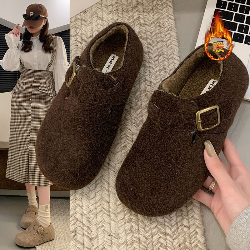 2025年秋冬森系复古毛毡丑萌圆头皮带扣加绒勃肯鞋秋冬保暖棉鞋女