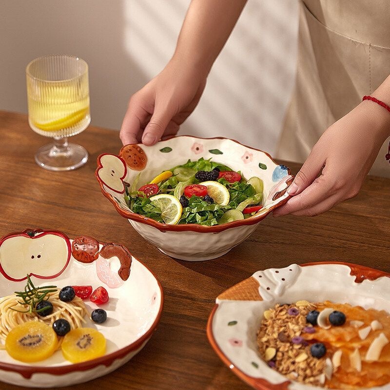 Ceramic Tableware Set with Cute Embossed Apple Design, Ice Cream Flavor Plate, Rice Bowl, Soup Noodle Bowl, Salad Pasta Fruit Plate Ceramic Tableware Set with Cute Embossed Apple Design, Ice Cream Flavor Plate, Rice Bowl, Soup Noodle Bowl, Salad Pasta Fruit Plate