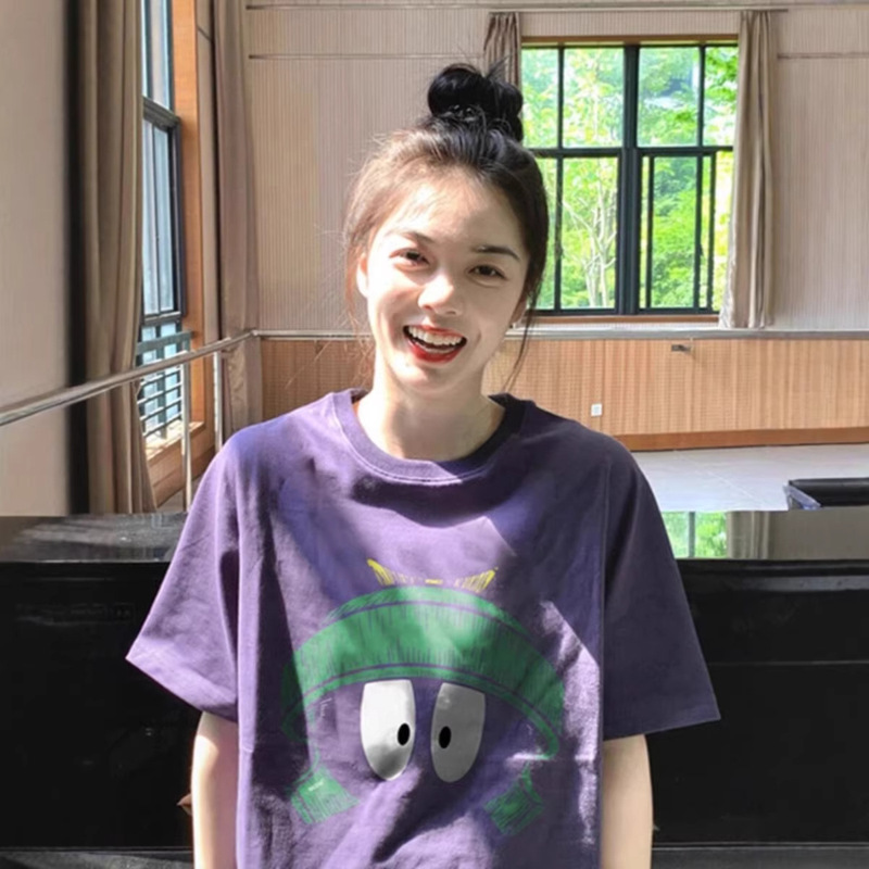 Cross-Border Overseas Orders 100% Pure Cotton Purple Short-Sleeved T-Shirt for Women Summer Loose Design Niche Top
