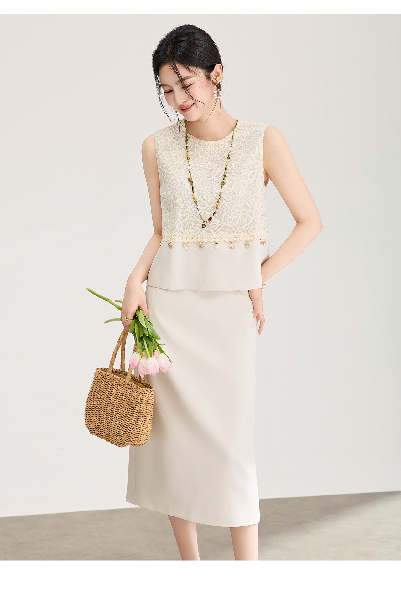 Set áo vest không tay ren thêu + chân váy midi nữ tính mùa hè — màu mơ chi tiết 14
