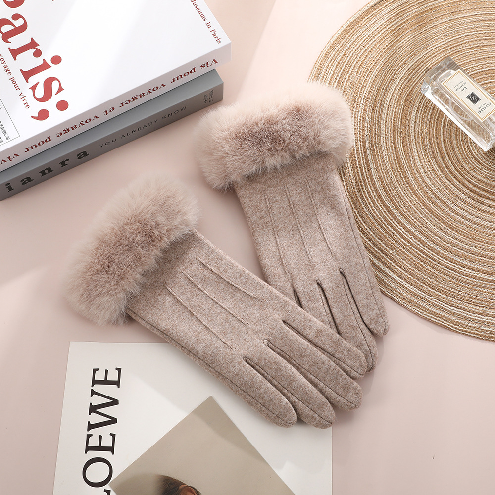 Agregar guantes de terciopelo para mujer, engrosamiento de otoño e invierno, conducción cálida, conducción fría, linda pantalla táctil, guantes cálidos de invierno de terciopelo de conejo