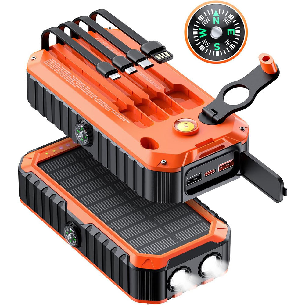 跨境手摇发电太阳能移动电源自带线快充多功能应急充电宝超大容量