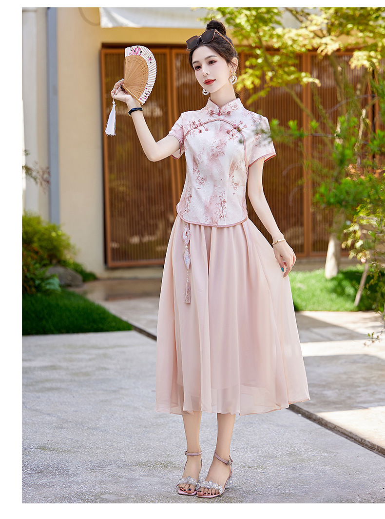 Bộ áo kiểu Trung Quốc mới và váy dài vừa phải hai mảnh mùa hè AH2438 — Màu hồng, Màu xanh lá chi tiết 21