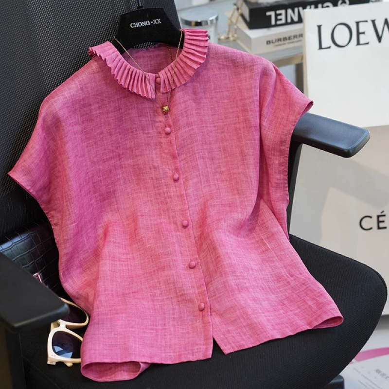 French Loose Elegant Linen Short-sleeved Shirt Women's Small-sleeved Vest Cotton and Linen Vest Top Summer Slimming Shirt