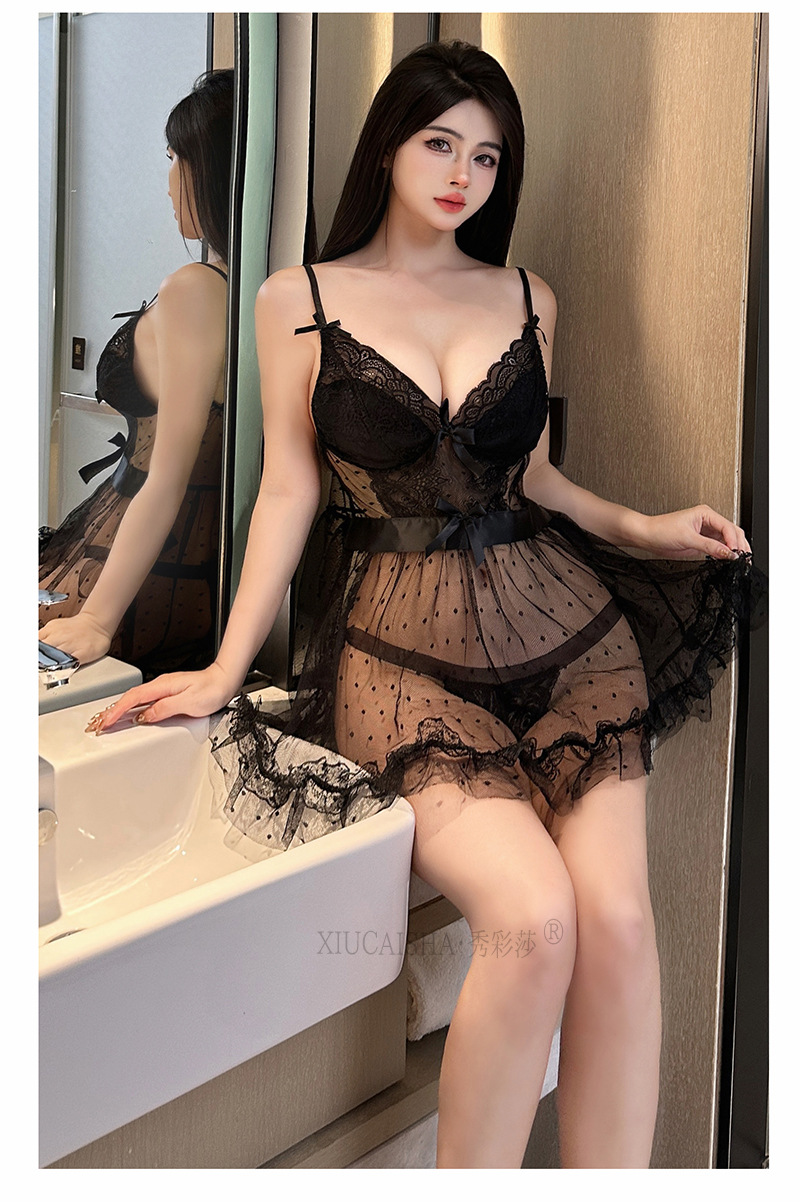 Sheer Mesh Slip Babydoll Set with Panty and Open-Crotch Stockings, White One Size — detail image 16