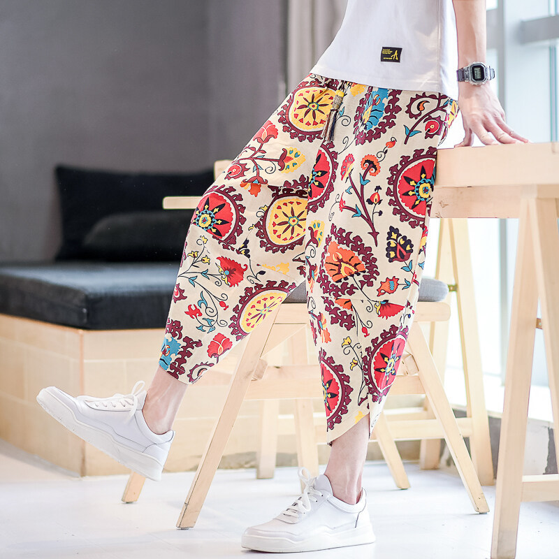 2025 Summer New Cotton and Linen Carrot Pants Lantern Pants Mid-Pants Chinese Style Men's Trendy Loose Cropped Pants Wholesale