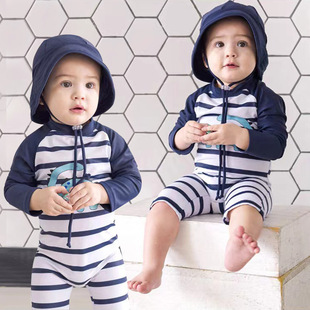 Children's Swimsuit Girls Boys One-Piece Sun Protection Quick-Drying Kidsren's Medium Long-Sleeved Cute Cartoon Dinosaur Baby Swimsuit