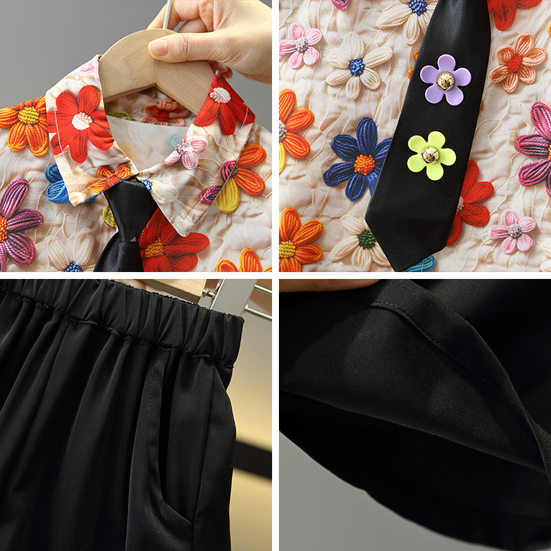 7957 Traje para niños 2025 verano nuevo estilo niño camisa de flores de moda coreana de manga corta ropa de verano de dos piezas