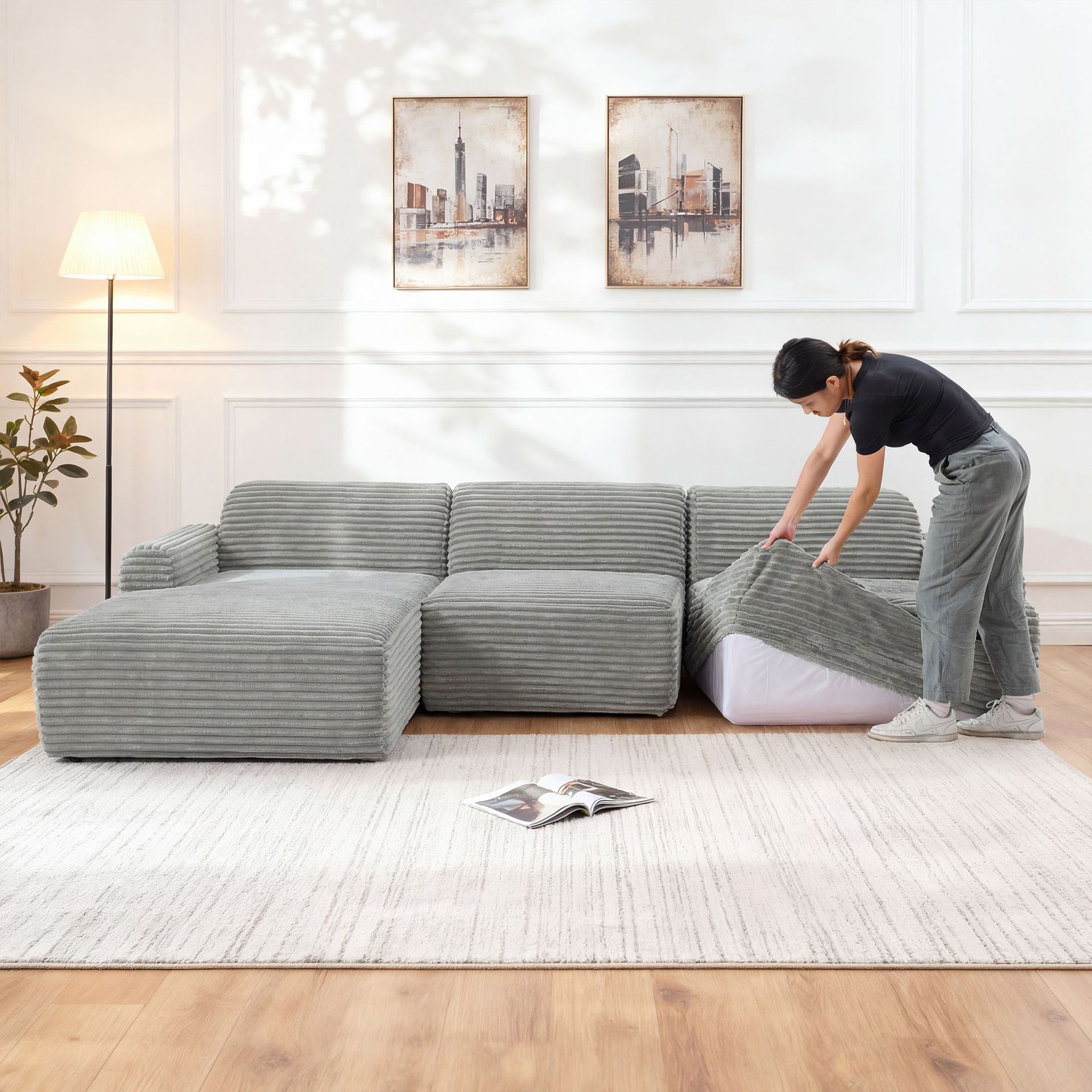 Sofá de compresión transfronterizo minimalista sin instalación de estilo moderno hogar sala de estar cómoda sala de exposiciones comercial combinación tipo L