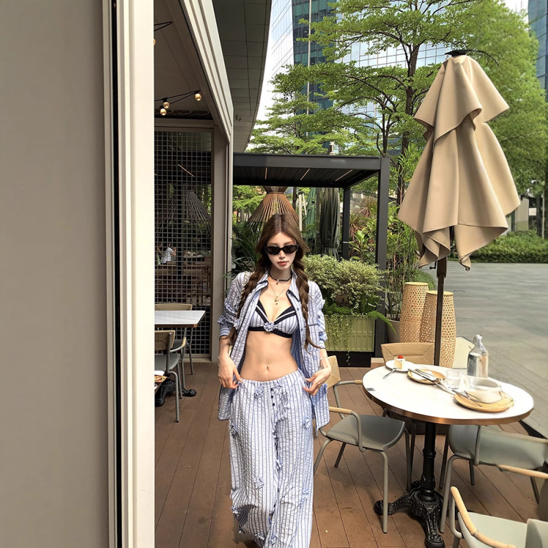 フリーホリデーストライプシャツトップスサスペンダーブラジャー胸パッド付きカジュアルパンツスーツ夏|undefined