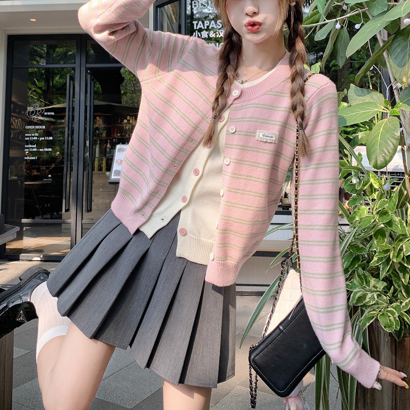 韩系粉色条纹假两件针织开衫女宽松外搭毛衣外套女秋冬穿搭上衣
