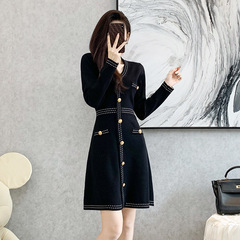 ヘップバーン風Aラインミニ黒ワンピース レディース 2025年 AliExpress越境婦人服 気質アップ 細見えVネックハイウエストニットワンピース