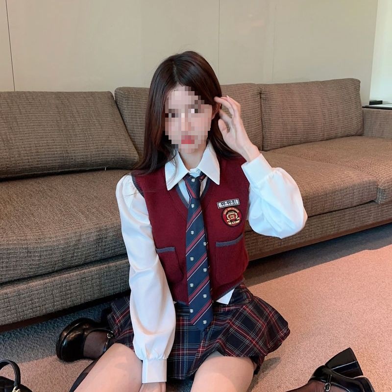Korean Preppy Suit Jk Red Knitted Cardigan Vest Long-Sleeved Vest Shirt Plaid Skirt Three-Piece Set