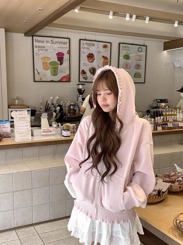 纯欲甜美风木耳边接拼拉链开衫外套女秋季设计感宽松长袖卫衣上衣|undefined