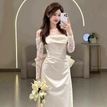 法式缎面一字肩轻婚纱蕾丝长袖礼服高级感小众气质修身简约晚礼服