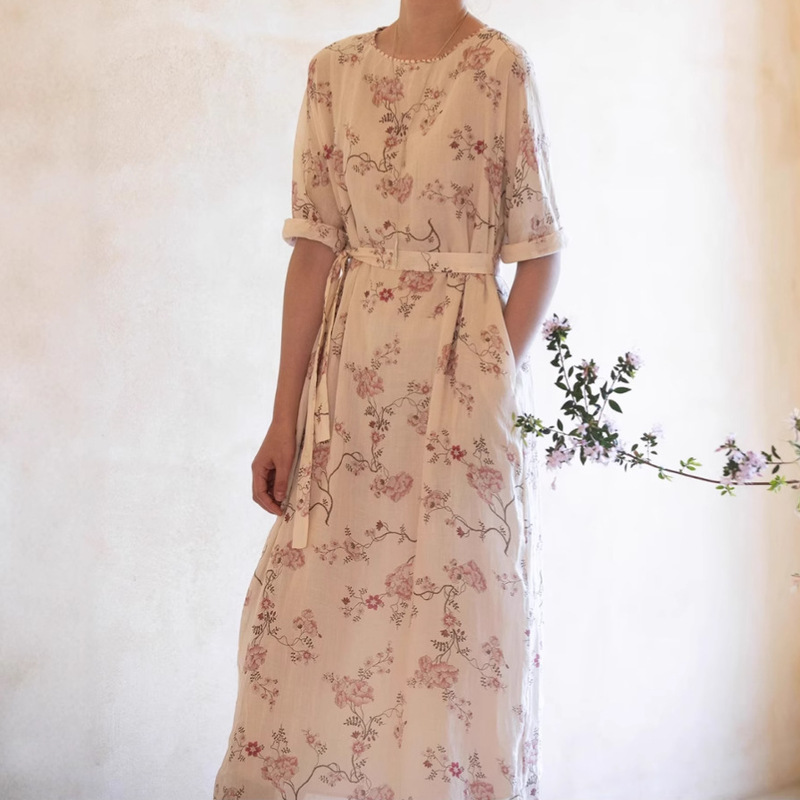 Handmade Rust Line Artistic Floral Crewneck Loose Long Dress Women's New Lightweight Printed Ramie dress