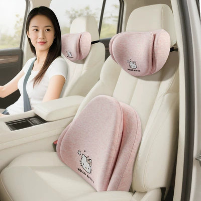 Kitty Car Lumbar Support Main Driver Seat Backrest Cushion Neck Protector Headrest Car Accessory for Girls Driving Lumbar Support