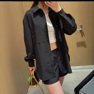 AL赵露思同款26秋季新款女士宽松休闲细条纹长袖衬衫百搭短裤套装