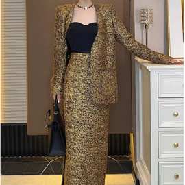 2382冬装搭配一整套端庄女装高级感小香风香槟金色外套两件套装裙
