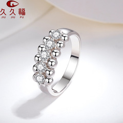 s925純銀莫桑石戒指女 新款時尚輕奢雙排珠子五顆鑽排戒 廠家批發