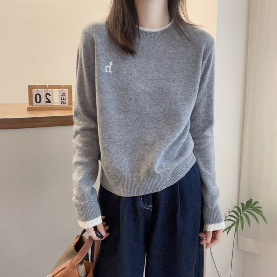 This year's popular autumn and winter casual simple soft waxy base sweater women's letter embroidery color matching round neck slim sweater