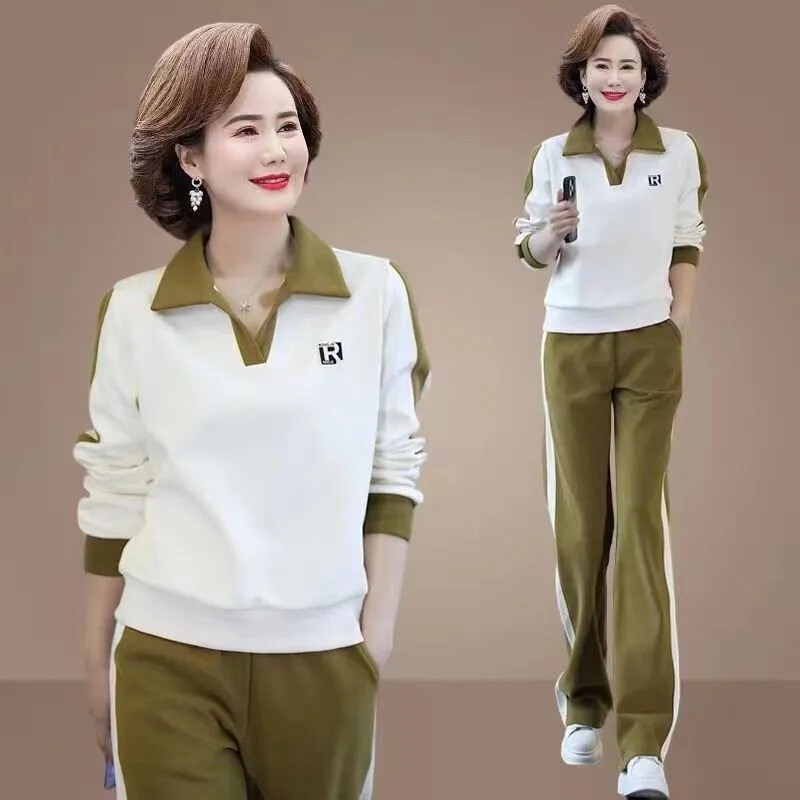 年轻妈妈装休闲运动服套装春装时尚洋气中老年女装春秋卫衣两件套|undefined
