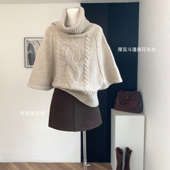 麻花针织套头斗篷羊毛毛衣女秋冬宽松高领打底针织衫女