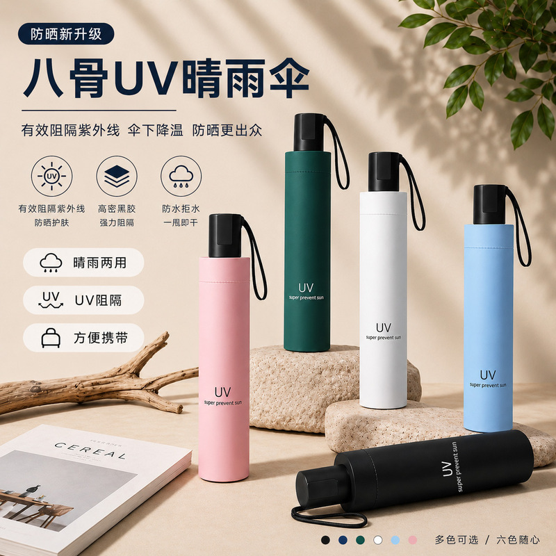 Manual Umbrella, Eight-Spoke, Dual-Purpose for Sun and Rain, Black Coating for Sun Protection and Uv Protection, Foldable, Custom-Made, Wholesale