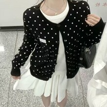 初秋黑色波点圆领假两件针织开衫女秋2025新款小个子秋冬毛衣外套