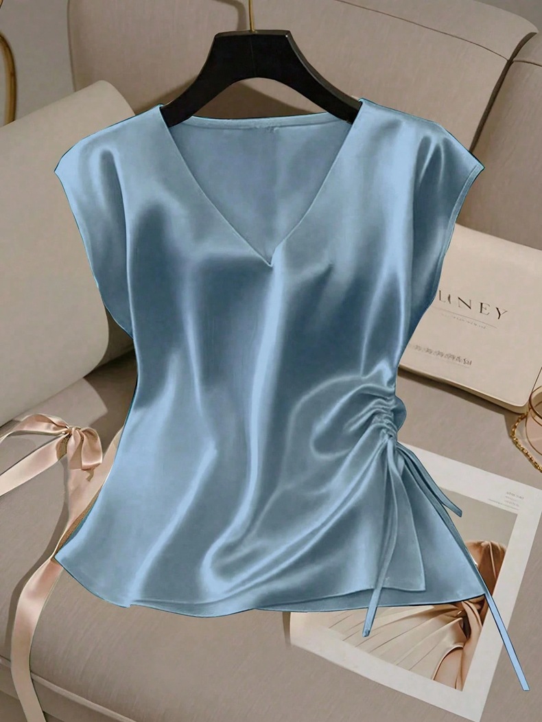 Damen Satin Bluse Mit V-ausschnitt Elegantes Sommer Oberteil_voghion.com