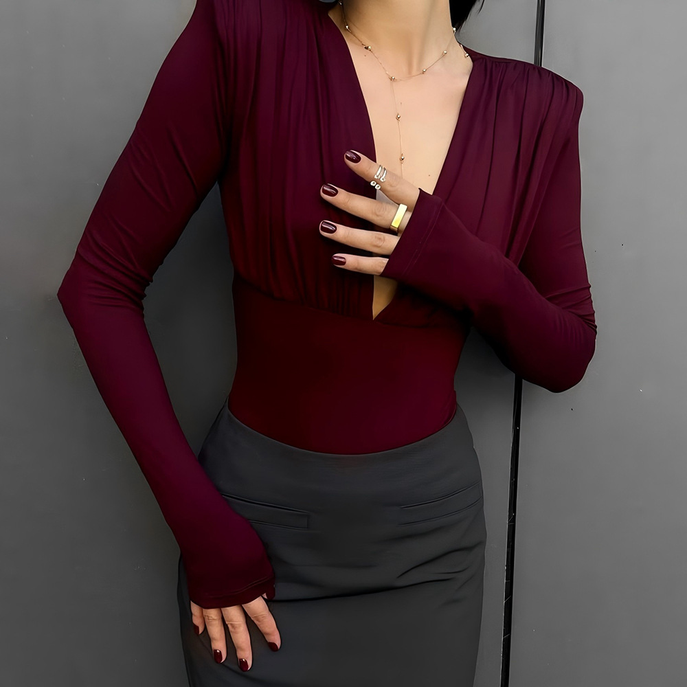European and American Style Foreign Trade New Women's Deep V-Neck Long-Sleeve Base Shirt Fashion Versatile Elegant Tight-Fitting Bodysuit for Autumn