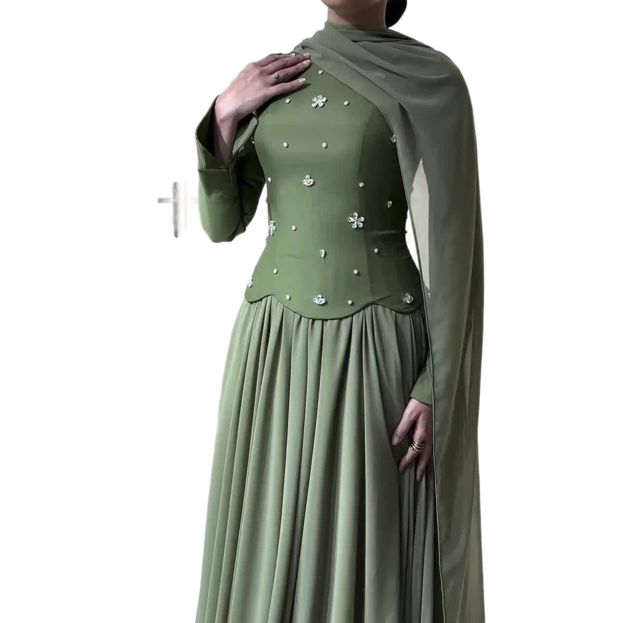 « Robe élégante à manches longues et coupe ajustée ornée de strass pour femme - Robe de soirée moulante extensible avec détails scintillants (Vert, S-XXL) »_voghion.com