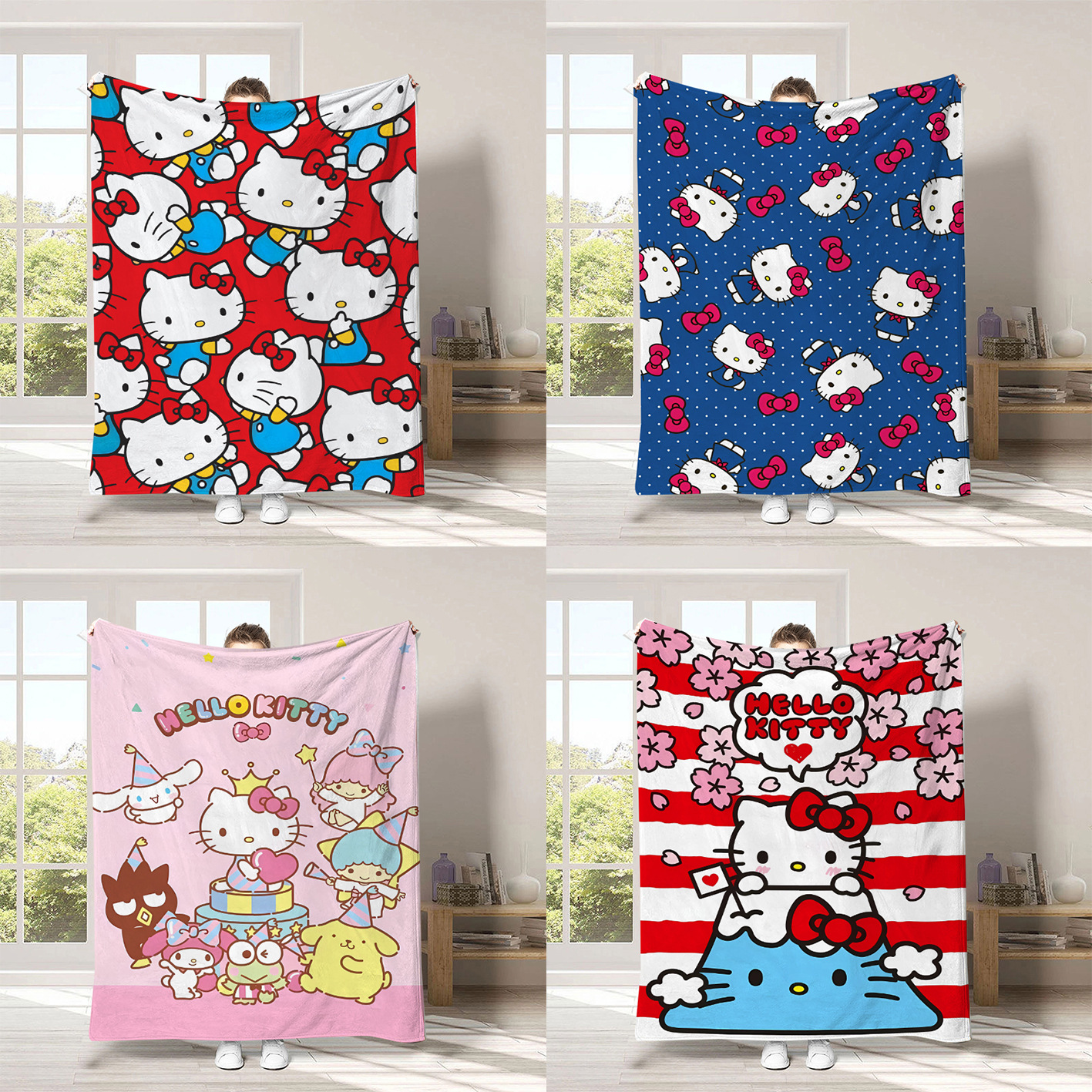 Monopolio transfronterizo de dibujos animados Sanrio mantas para niños lindas Hellokitty flange mantas de peluche cuatro estaciones mantas de peluche