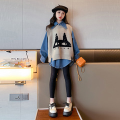 Spring Outfit 2024 New Fashionable and Trendy School Style Large Child Girl Set of Two Tops and Vests with Korean Style